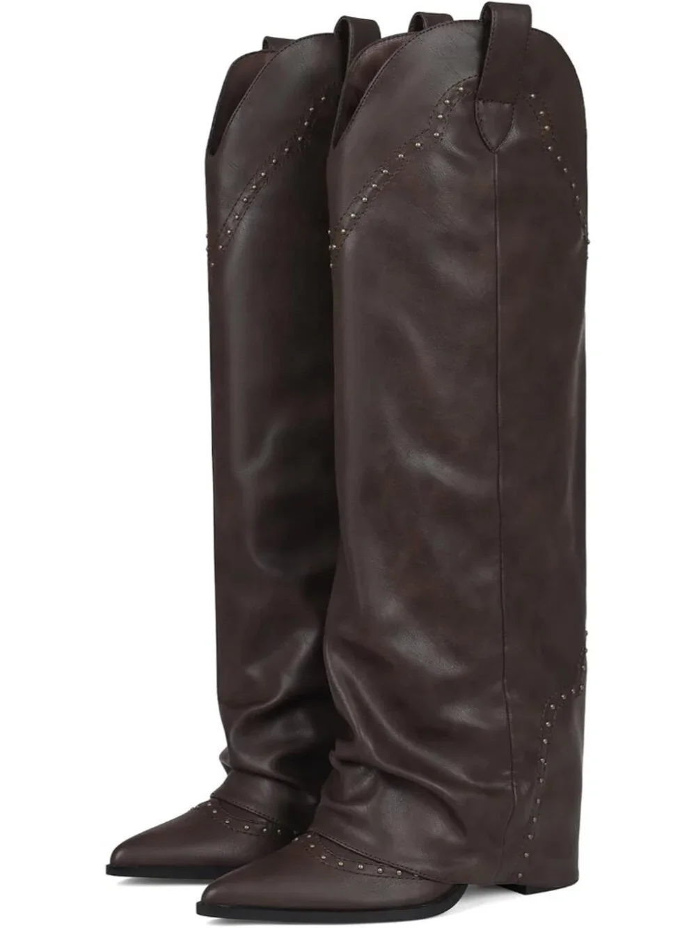 Women Brownish Coffee Chunky Heel Elegant Cowgirl Fold Over Knee High Shark Boot